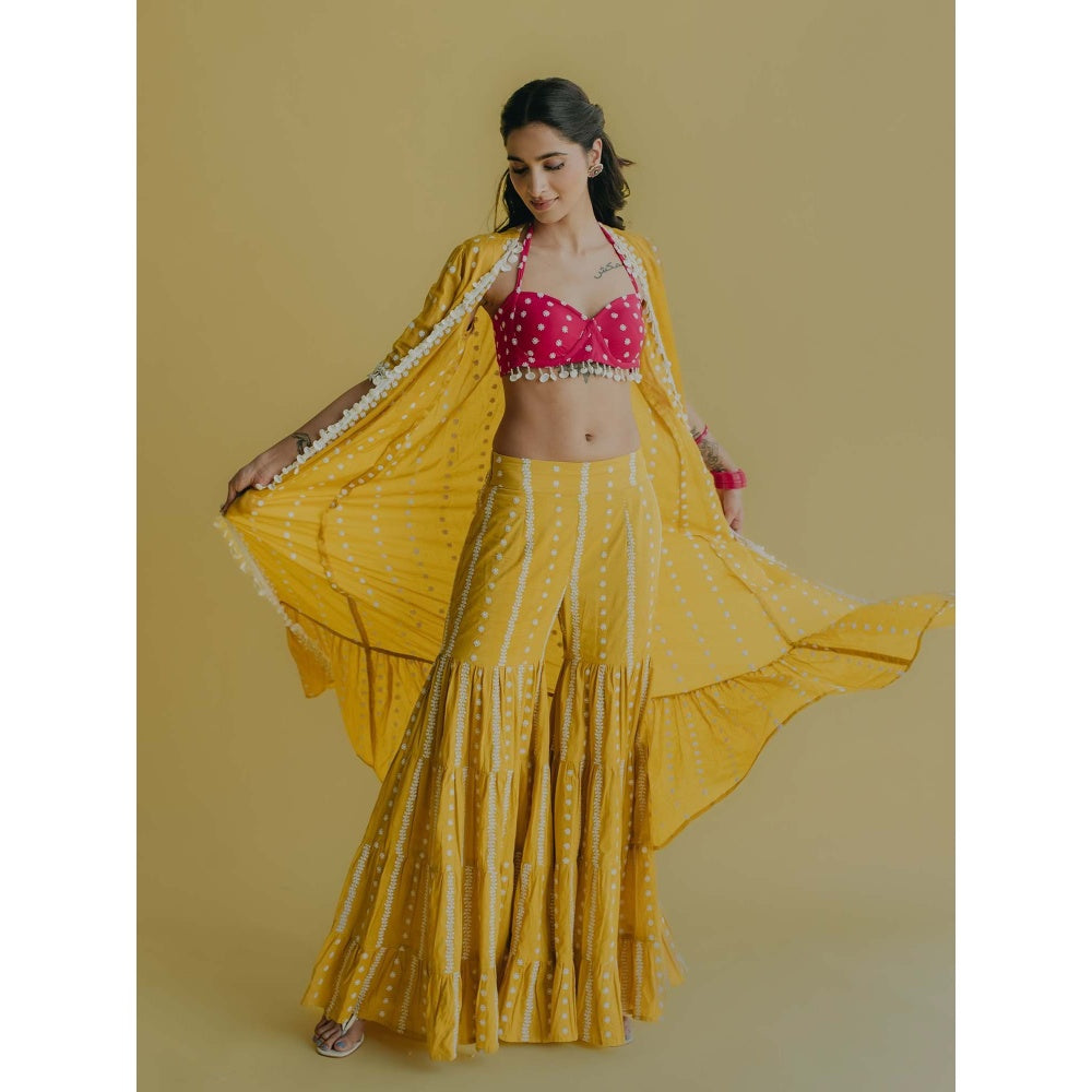 Old Marigold Aisha Yellow Cotton Embroidered Blouse With Sharara And Cape (Set of 3)