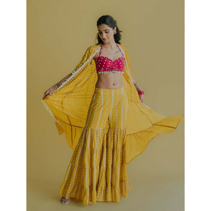 Old Marigold Aisha Yellow Cotton Embroidered Blouse With Sharara And Cape (Set of 3)
