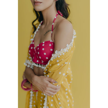 Old Marigold Aisha Yellow Cotton Embroidered Blouse With Sharara And Cape (Set of 3)