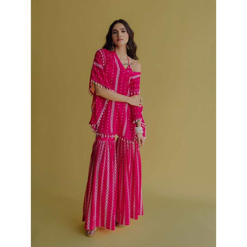 Old Marigold Alia Magenta Cotton Embroidered Kaftan With Blouse And Sharara (Set of 3)