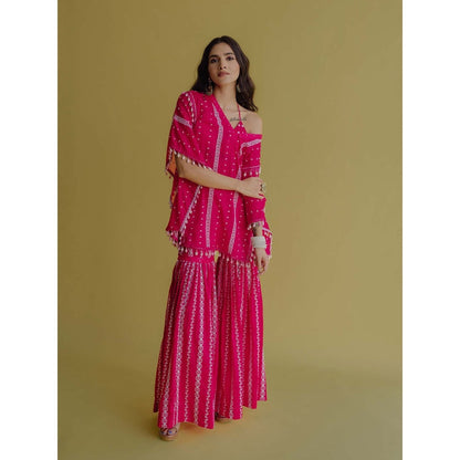 Old Marigold Alia Magenta Cotton Embroidered Kaftan With Blouse And Sharara (Set of 3)