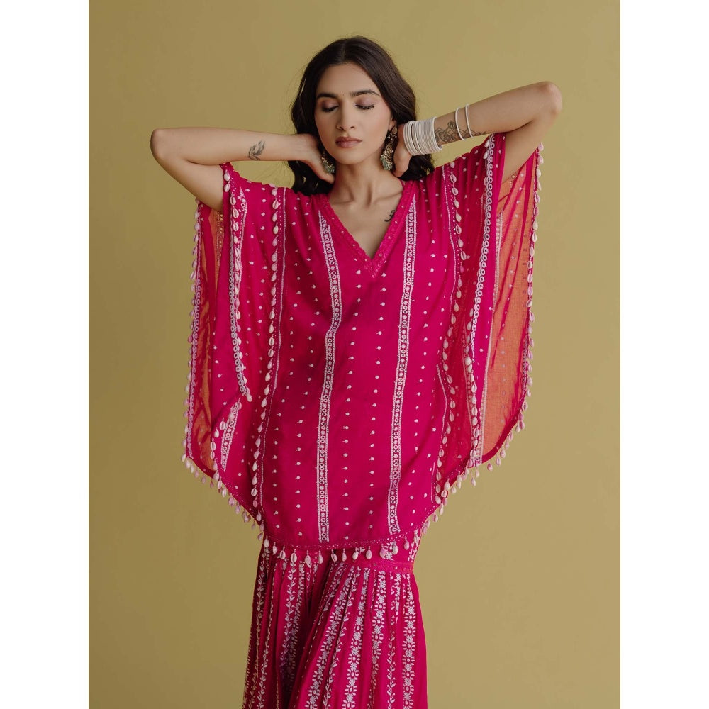 Old Marigold Alia Magenta Cotton Embroidered Kaftan With Blouse And Sharara (Set of 3)