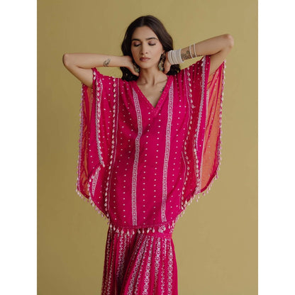 Old Marigold Alia Magenta Cotton Embroidered Kaftan With Blouse And Sharara (Set of 3)
