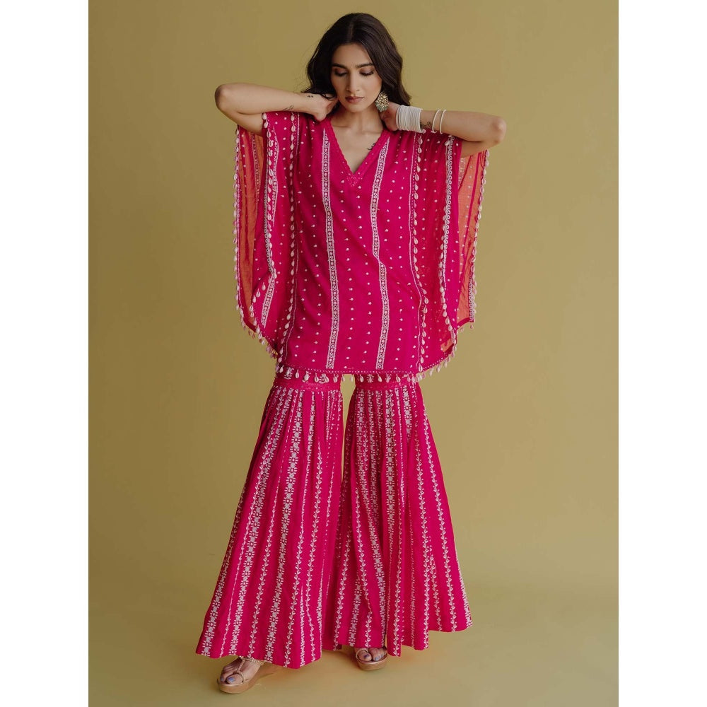 Old Marigold Alia Magenta Cotton Embroidered Kaftan With Blouse And Sharara (Set of 3)