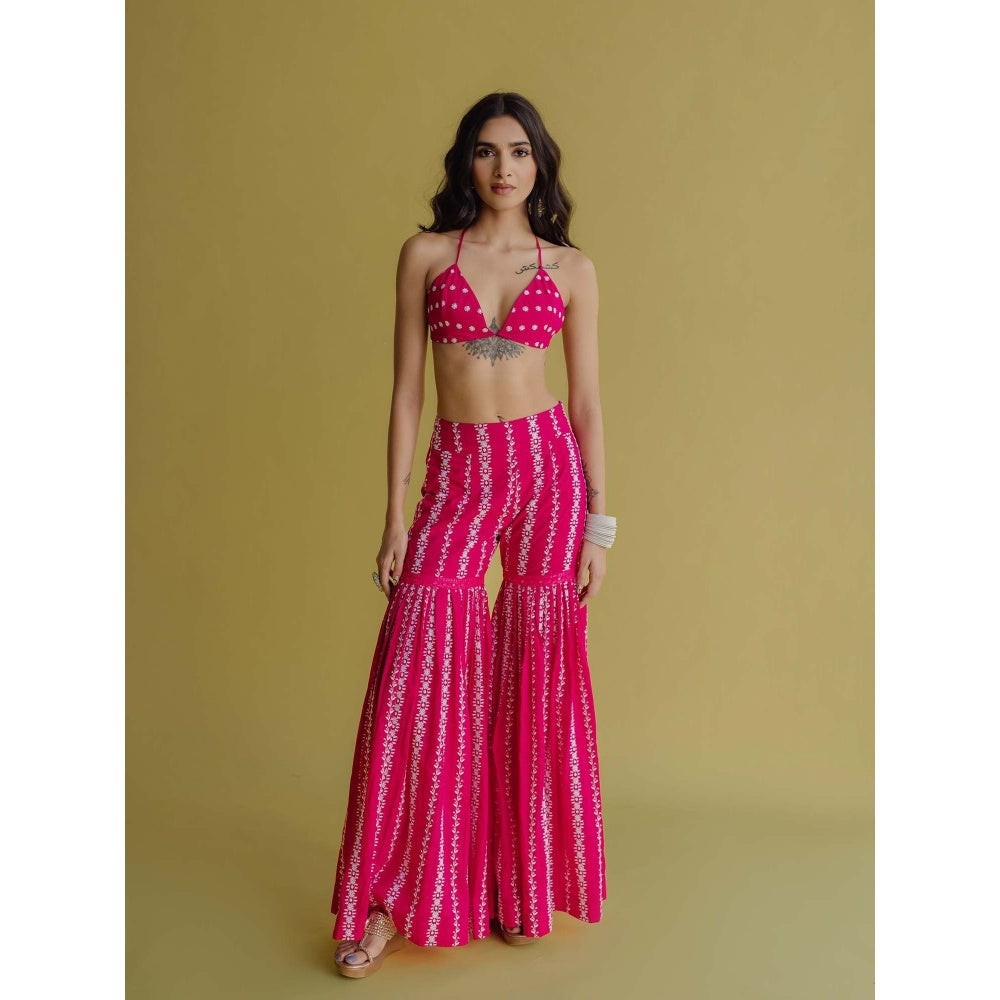 Old Marigold Alia Magenta Cotton Embroidered Kaftan With Blouse And Sharara (Set of 3)