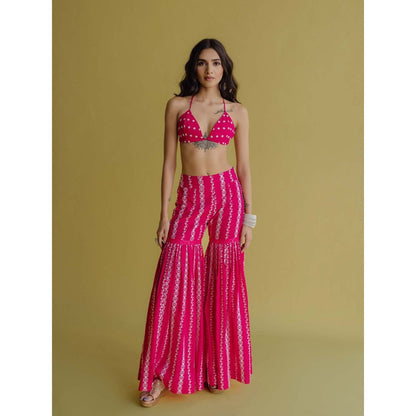 Old Marigold Alia Magenta Cotton Embroidered Kaftan With Blouse And Sharara (Set of 3)