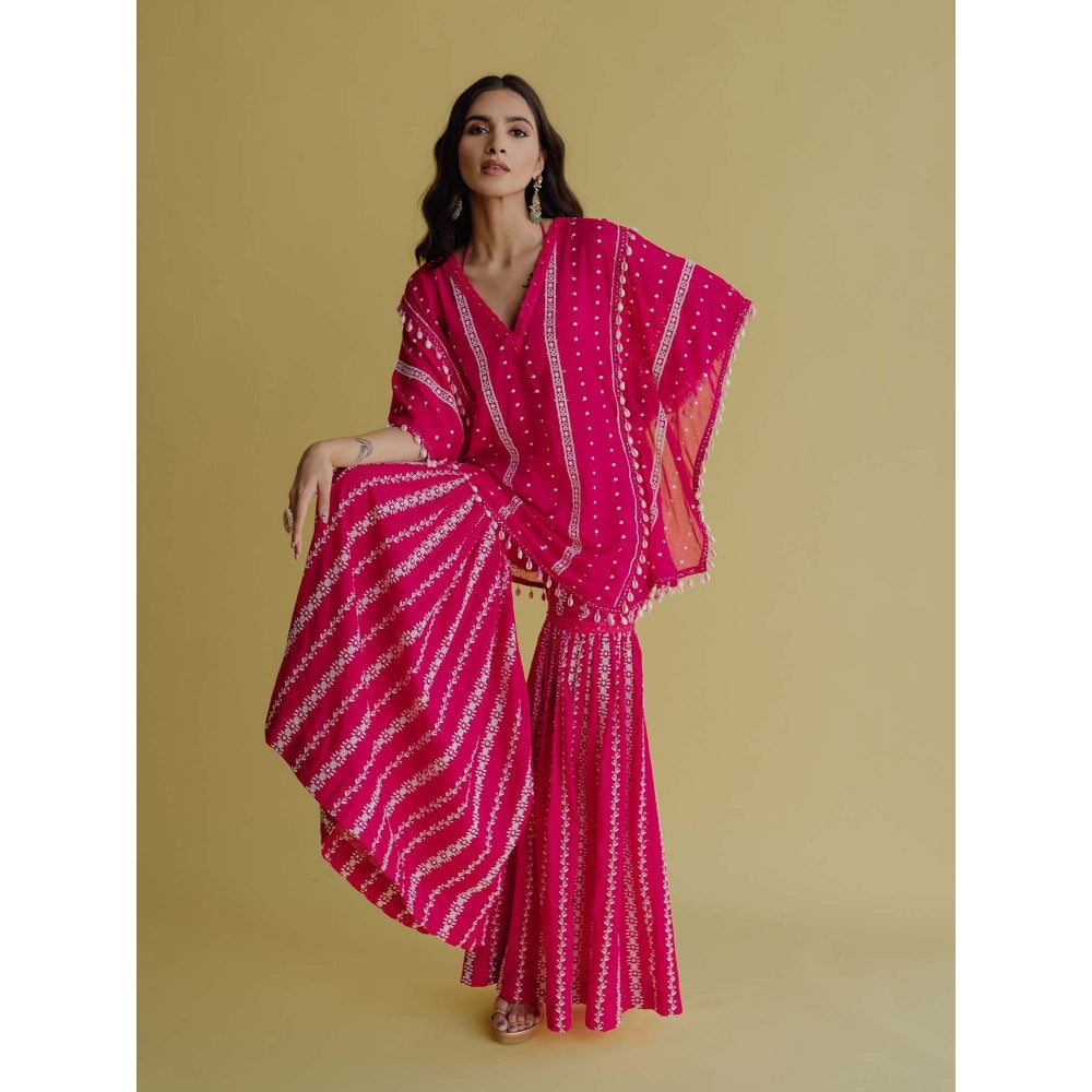 Old Marigold Alia Magenta Cotton Embroidered Kaftan With Blouse And Sharara (Set of 3)