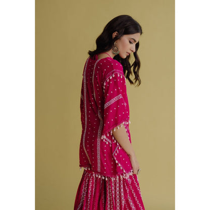 Old Marigold Alia Magenta Cotton Embroidered Kaftan With Blouse And Sharara (Set of 3)