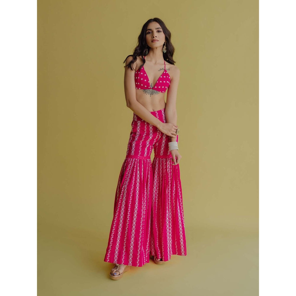 Old Marigold Alia Magenta Cotton Embroidered Kaftan With Blouse And Sharara (Set of 3)
