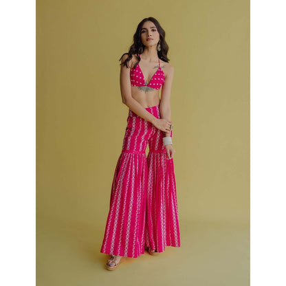 Old Marigold Alia Magenta Cotton Embroidered Kaftan With Blouse And Sharara (Set of 3)