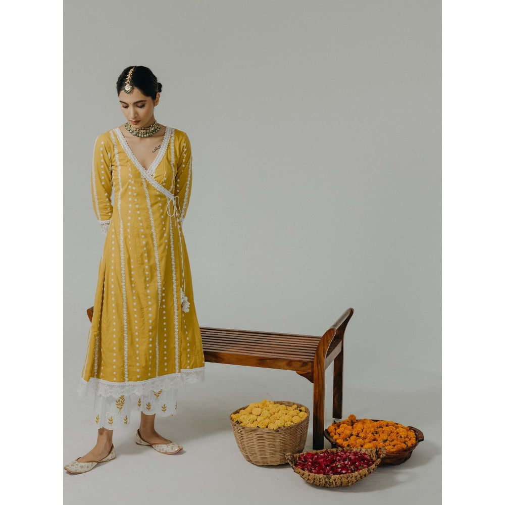Old Marigold Amara Yellow Cotton Embroidered Angarkha Kurta With Pant (Set of 2)