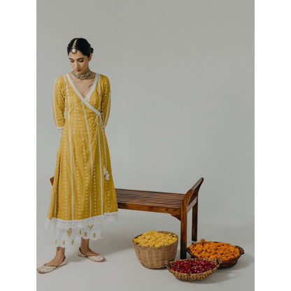 Old Marigold Amara Yellow Cotton Embroidered Angarkha Kurta With Pant (Set of 2)