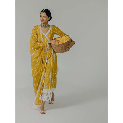 Old Marigold Amara Yellow Cotton Embroidered Angarkha Kurta With Pant (Set of 2)