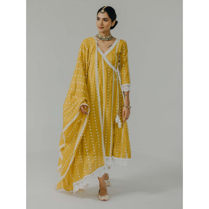 Old Marigold Amara Yellow Cotton Embroidered Angarkha Kurta With Pant (Set of 2)