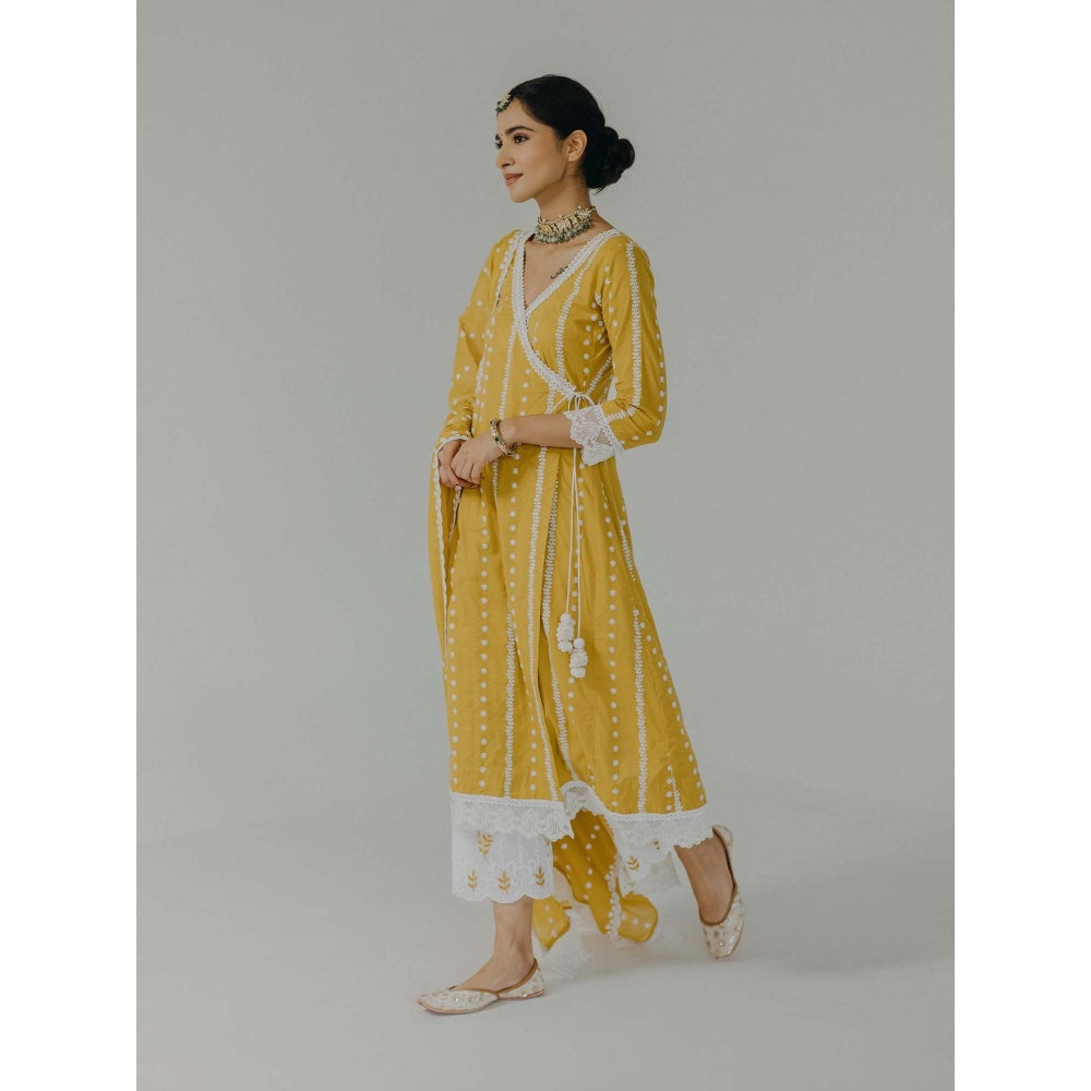 Old Marigold Amara Yellow Cotton Embroidered Angarkha Kurta With Pant (Set of 2)