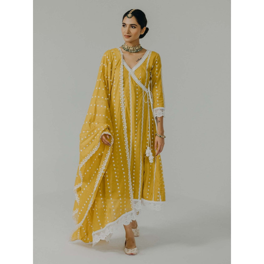 Old Marigold Amara Yellow Cotton Embroidered Angarkha Kurta With Pant And Dupatta (Set of 3)