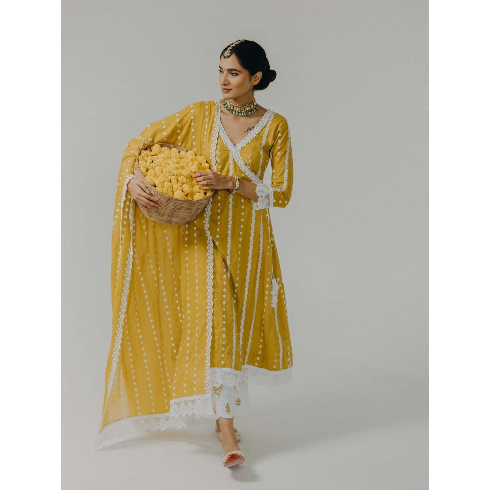 Old Marigold Amara Yellow Cotton Embroidered Angarkha Kurta With Pant And Dupatta (Set of 3)