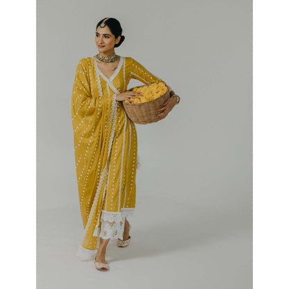 Old Marigold Amara Yellow Cotton Embroidered Angarkha Kurta With Pant And Dupatta (Set of 3)