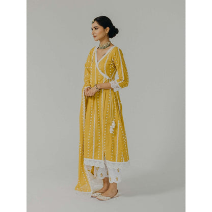 Old Marigold Amara Yellow Cotton Embroidered Angarkha Kurta With Pant And Dupatta (Set of 3)