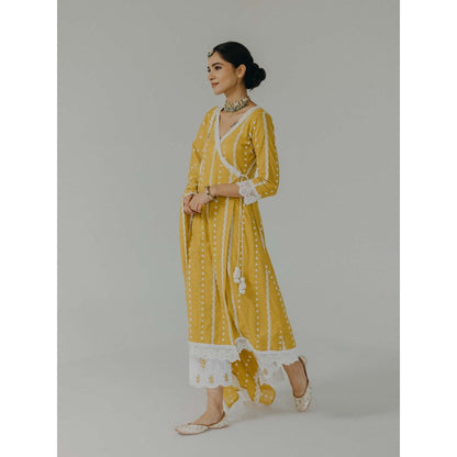 Old Marigold Amara Yellow Cotton Embroidered Angarkha Kurta With Pant And Dupatta (Set of 3)