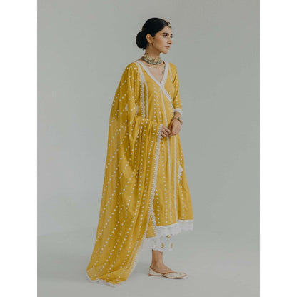 Old Marigold Amara Yellow Cotton Embroidered Angarkha Kurta With Pant And Dupatta (Set of 3)