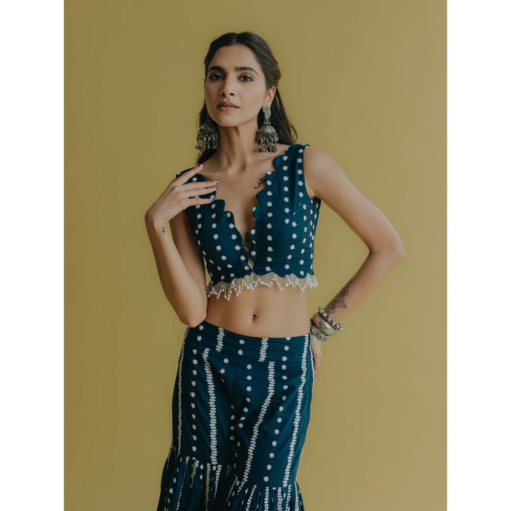 Old Marigold Inaya Teal Cotton Embroidered Blouse