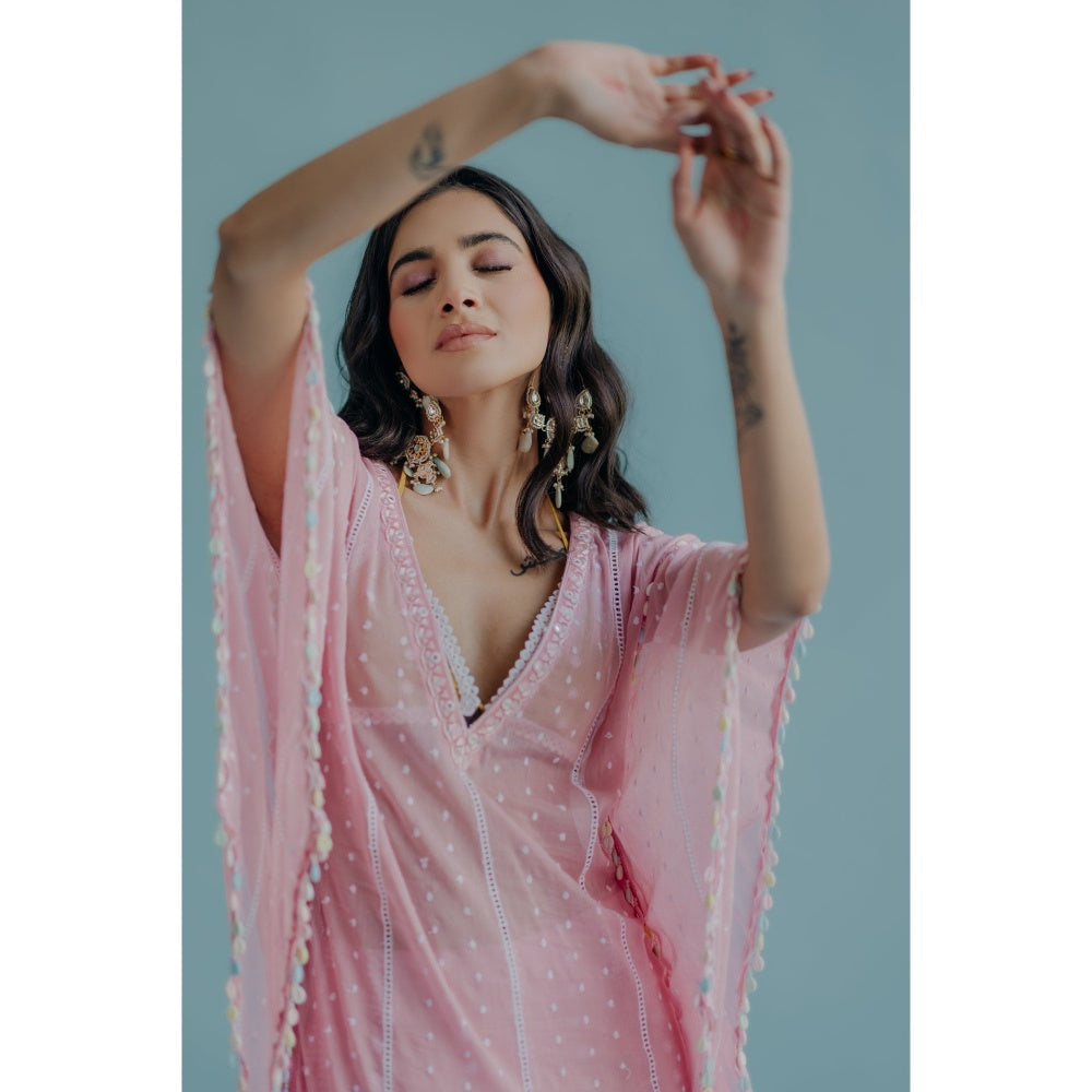 Old Marigold Laila Pink Cotton Embroidered Kaftan