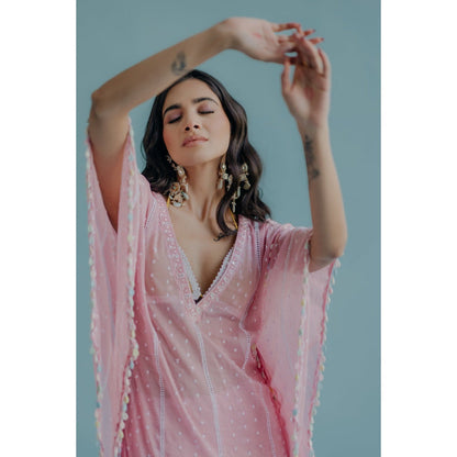 Old Marigold Laila Pink Cotton Embroidered Kaftan