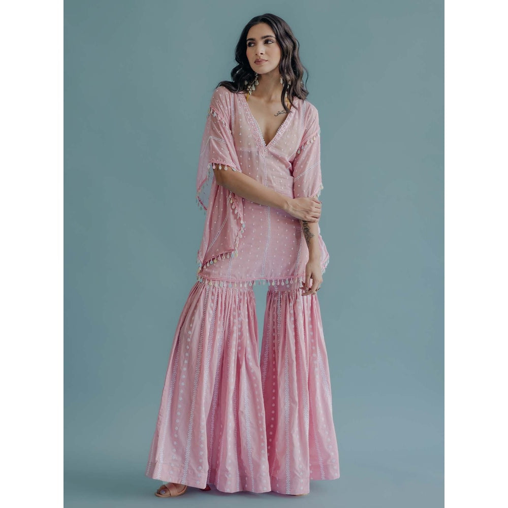 Old Marigold Laila Pink Cotton Embroidered Kaftan With Blouse And Sharara (Set of 3)