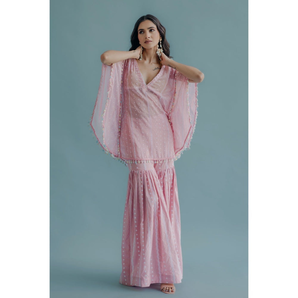 Old Marigold Laila Pink Cotton Embroidered Kaftan With Blouse And Sharara (Set of 3)