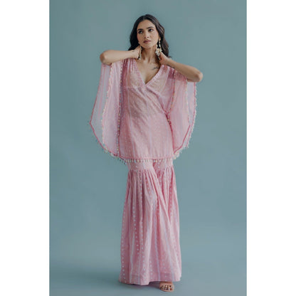 Old Marigold Laila Pink Cotton Embroidered Kaftan With Blouse And Sharara (Set of 3)
