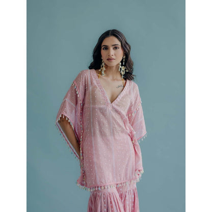 Old Marigold Laila Pink Cotton Embroidered Kaftan With Blouse And Sharara (Set of 3)