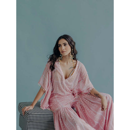 Old Marigold Laila Pink Cotton Embroidered Kaftan With Blouse And Sharara (Set of 3)