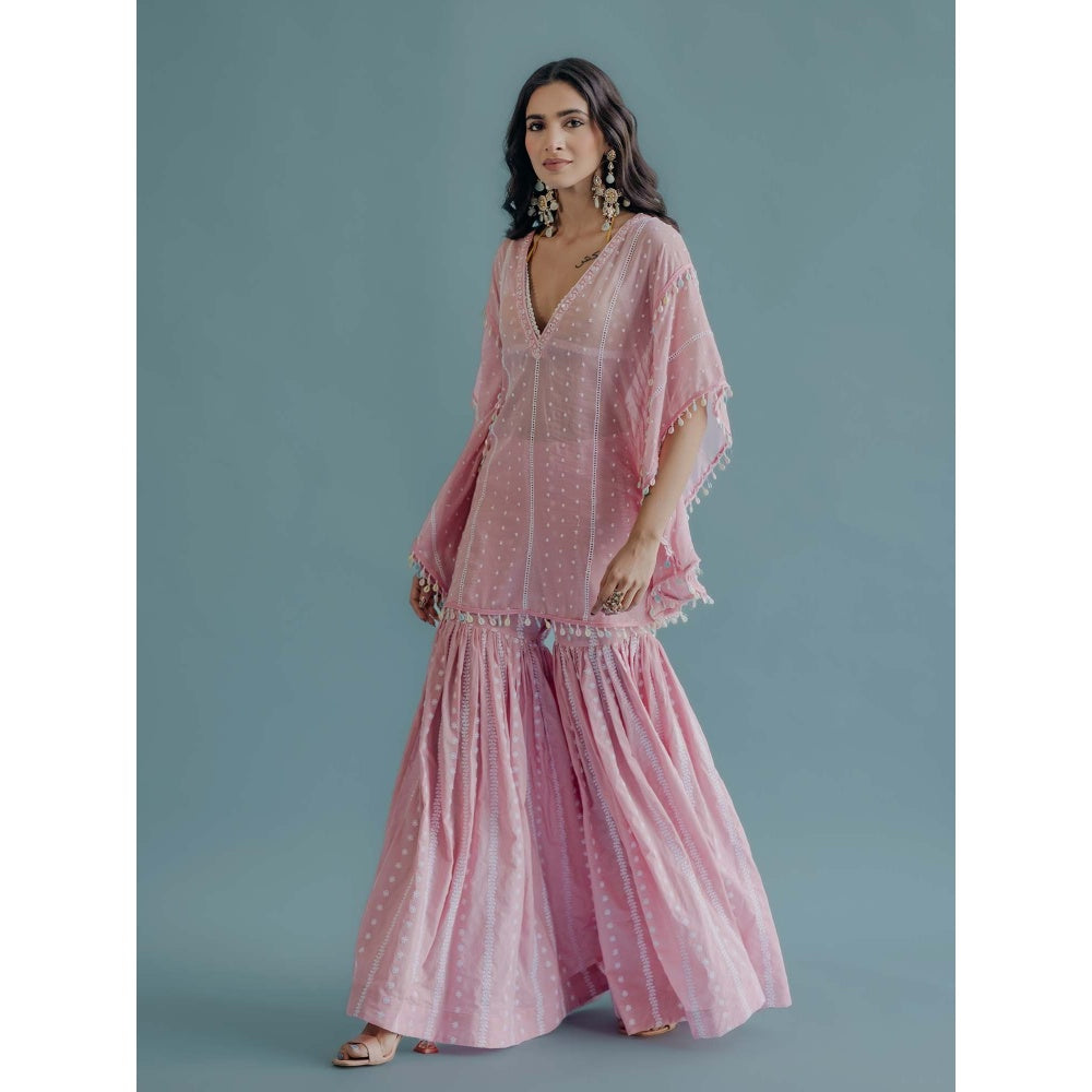 Old Marigold Laila Pink Cotton Embroidered Kaftan With Blouse And Sharara (Set of 3)