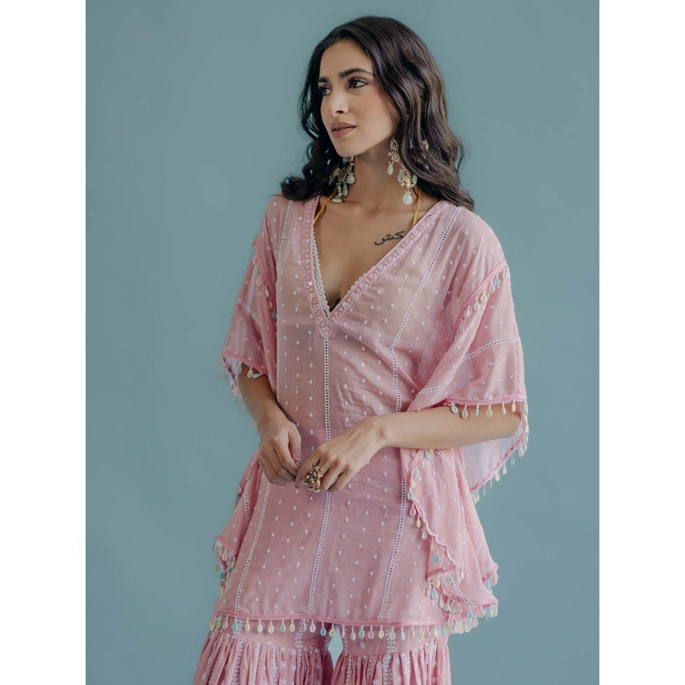 Old Marigold Laila Pink Cotton Embroidered Kaftan With Blouse And Sharara (Set of 3)