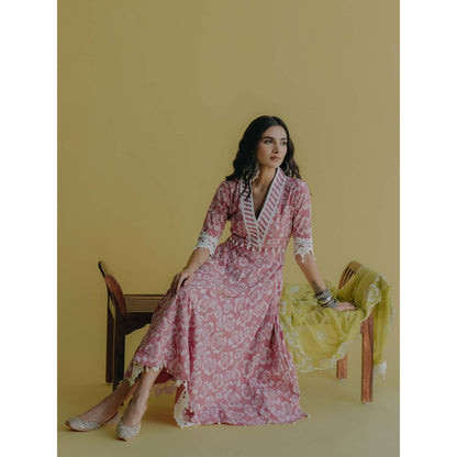 Old Marigold Meher Pink Cotton Floral Anarkali Kurta With Pant (Set of 2)