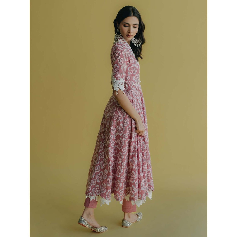 Old Marigold Meher Pink Cotton Floral Anarkali Kurta With Pant (Set of 2)