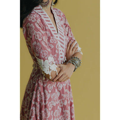 Old Marigold Meher Pink Cotton Floral Anarkali Kurta With Pant (Set of 2)