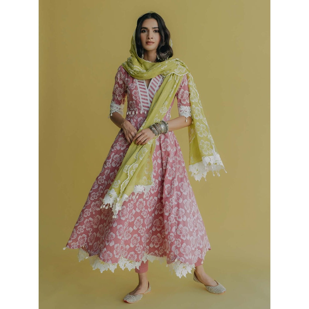 Old Marigold Meher Pink Cotton Floral Anarkali Kurta With Pant And Dupatta (Set of 3)