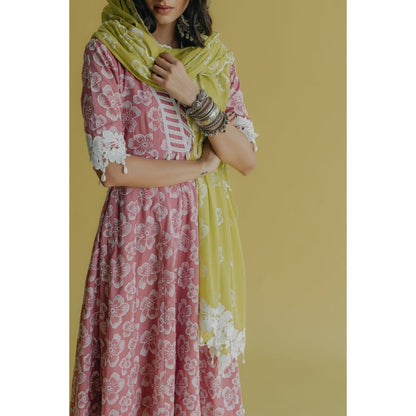 Old Marigold Meher Pink Cotton Floral Anarkali Kurta With Pant And Dupatta (Set of 3)