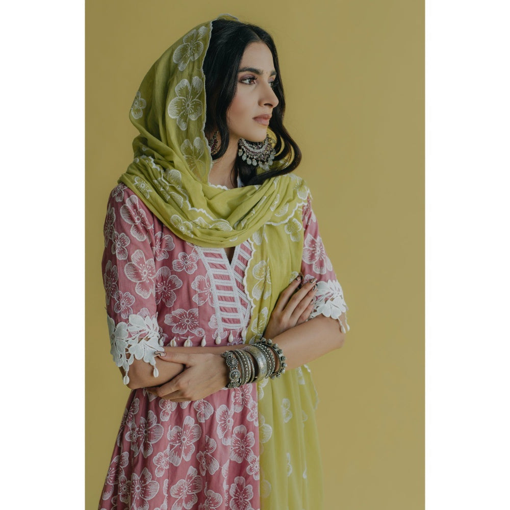 Old Marigold Meher Pink Cotton Floral Anarkali Kurta With Pant And Dupatta (Set of 3)