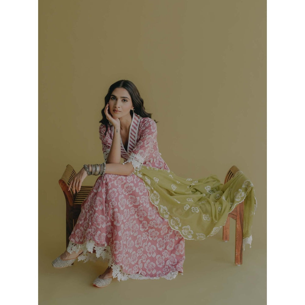 Old Marigold Meher Pink Cotton Floral Anarkali Kurta With Pant And Dupatta (Set of 3)