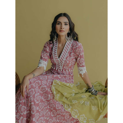 Old Marigold Meher Pink Cotton Floral Anarkali Kurta With Pant And Dupatta (Set of 3)