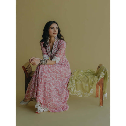 Old Marigold Meher Pink Cotton Floral Anarkali Kurta With Pant And Dupatta (Set of 3)