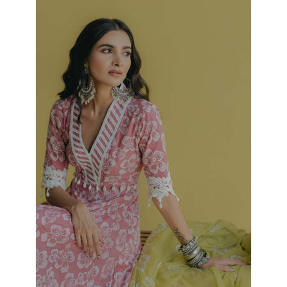 Old Marigold Meher Pink Cotton Floral Anarkali Kurta With Pant And Dupatta (Set of 3)