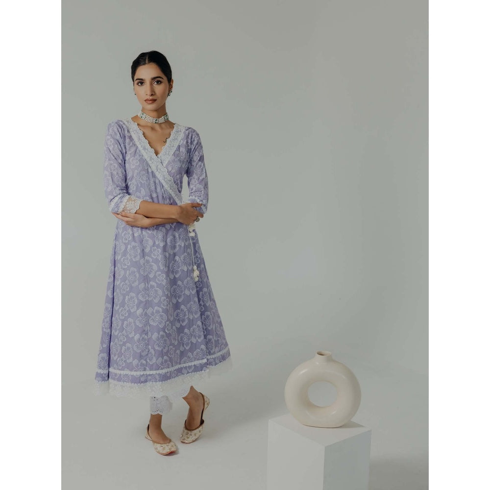 Old Marigold Naaz Lavender Cotton Floral Angarkha Kurta With Pant (Set of 2)