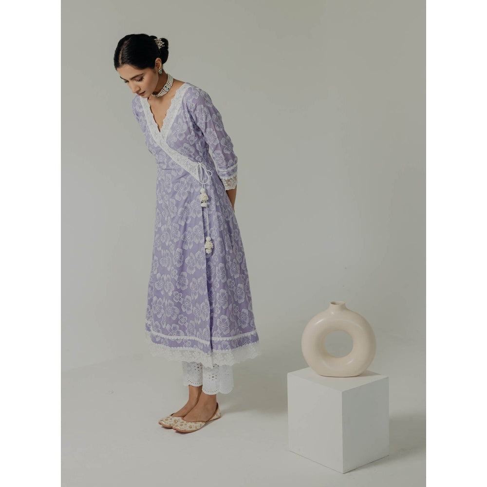 Old Marigold Naaz Lavender Cotton Floral Angarkha Kurta With Pant (Set of 2)