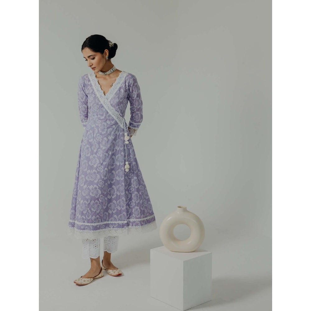 Old Marigold Naaz Lavender Cotton Floral Angarkha Kurta With Pant (Set of 2)