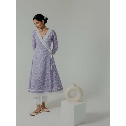 Old Marigold Naaz Lavender Cotton Floral Angarkha Kurta With Pant (Set of 2)