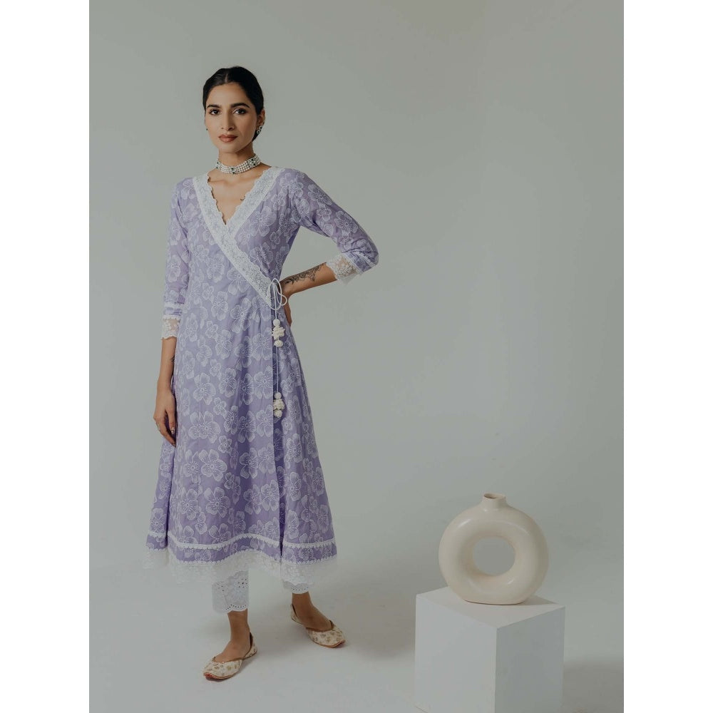 Old Marigold Naaz Lavender Cotton Floral Angarkha Kurta With Pant (Set of 2)